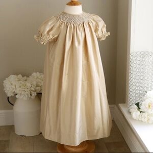 Strasburg champagne gold silk bishop dress with embroidery and seed pearls